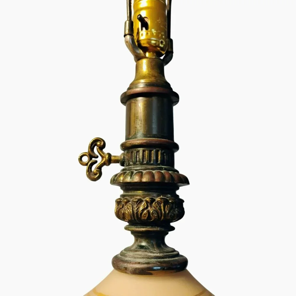 Antique Cream Satin Glass Table Lamp, Hand Painted Gold Wheat, Brass Base, 28